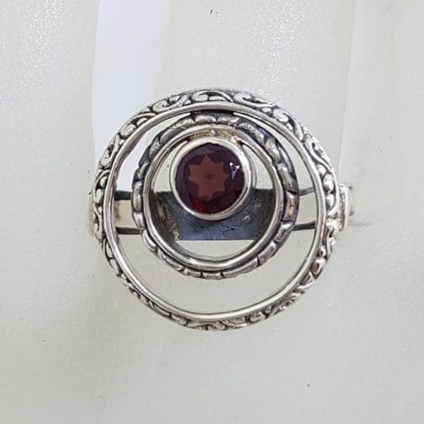 Sterling Silver Round Garnet in Circles Ring