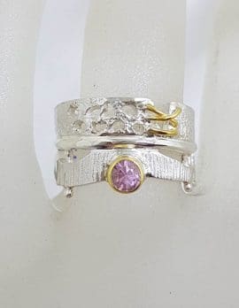 Sterling Silver Spinel Wide Ornate Band Ring - Gold Plate