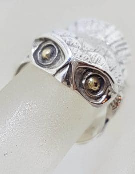 Sterling Silver Large and Unusual Ornate Owl Ring with Plated Eyes