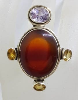Sterling Silver Very Large Oval Carnelian with Citrine and Amethyst Ring