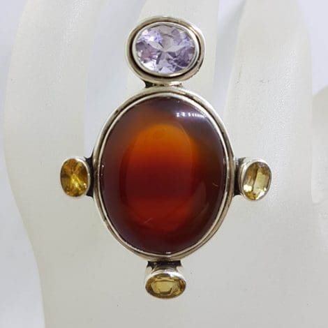 Sterling Silver Very Large Oval Carnelian with Citrine and Amethyst Ring