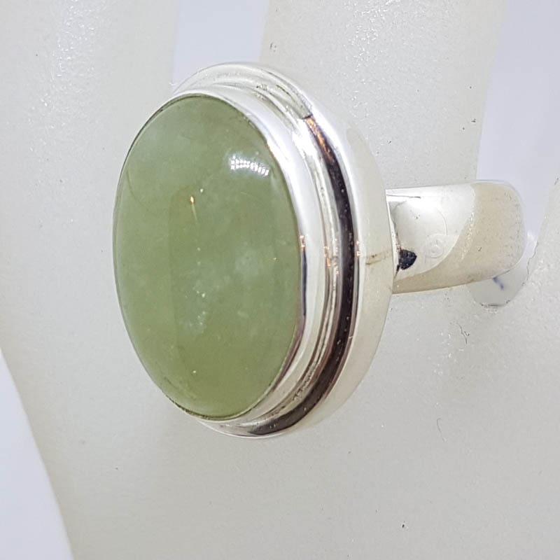 20210729_190509 Sterling Silver Large Oval Prehnite with Rimmed Setting Ring