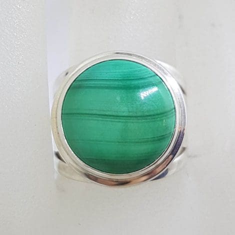 Sterling Silver Large Round Malachite with Open Design Band Ring
