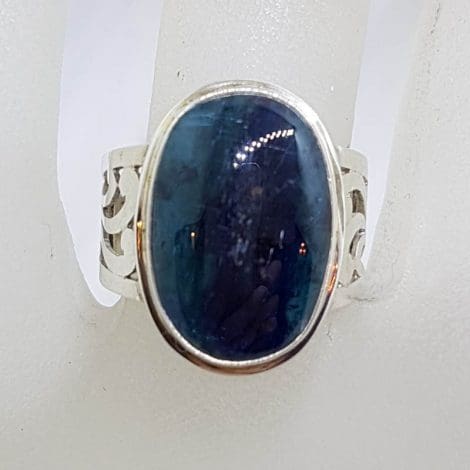 Sterling Silver Large Oval Ornate Filigree Set Apatite Ring