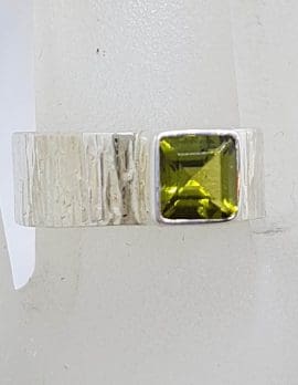 Sterling Silver Square Peridot in Wide Patterned Band Ring