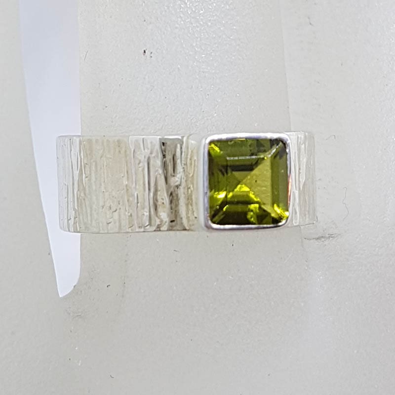 20210729_195443 Sterling Silver Square Peridot in Wide Patterned Band Ring