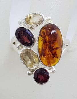 Sterling Silver Natural Garnet and Citrine with Faux Stone Cluster Ring