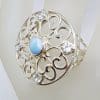 Sterling Silver Large Round Ornate Filigree Larimar with Topaz Ring