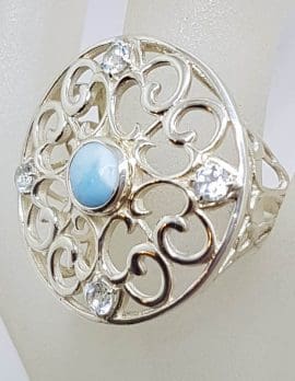 Sterling Silver Large Round Ornate Filigree Larimar with Topaz Ring