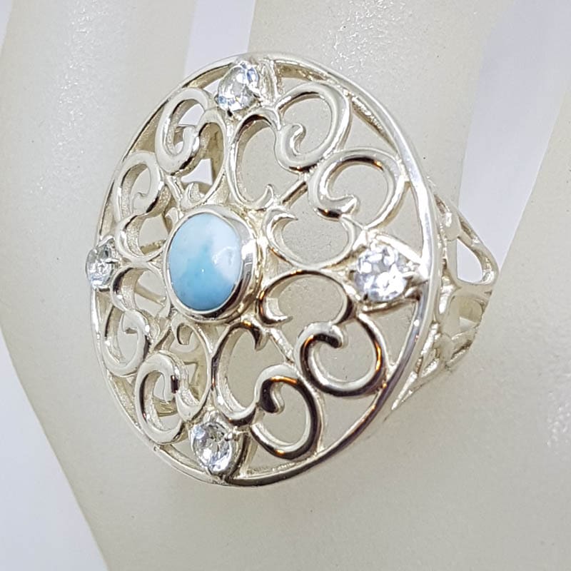Sterling Silver Large Round Ornate Filigree Larimar with Topaz Ring