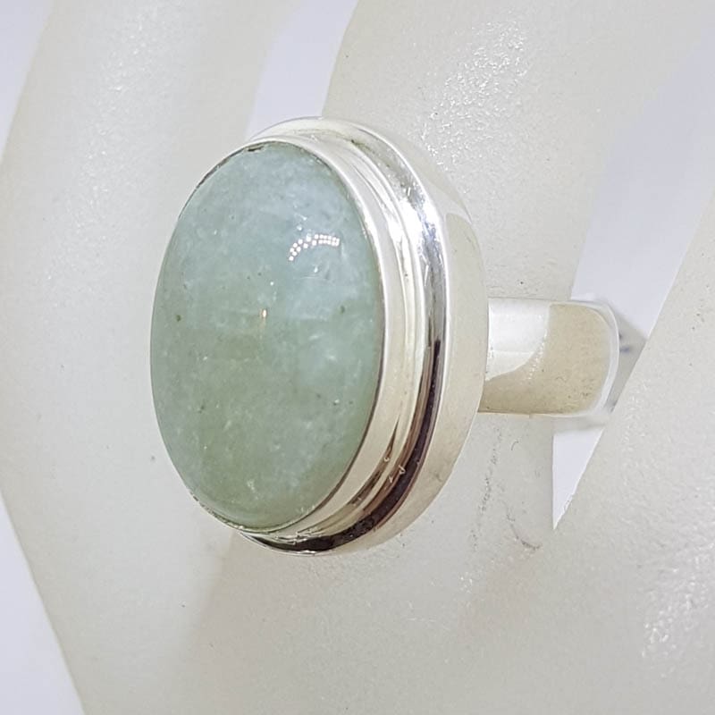 Sterling Silver Large Oval Beryl in Rimmed Setting Ring