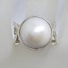 Sterling Silver Round White Mabe Pearl with Open Ornate Design Sides Ring