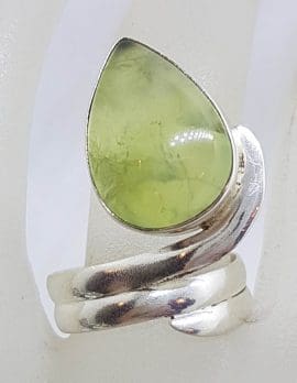 Sterling Silver Large Teardrop / Pear Shape Cabochon Cut Prehnite Swirl Ring