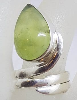 Sterling Silver Large Teardrop / Pear Shape Cabochon Cut Prehnite Swirl Ring