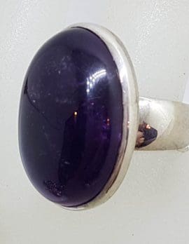 Sterling Silver Large Oval Cabochon Cut Amethyst Ring