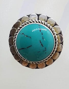 Sterling Silver Large Round Vintage Turquoise Ring with Patterned Rim