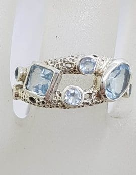 Sterling Silver Unusual Cluster Topaz Ring with Square, Round and Oval Cut Stones