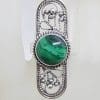 Sterling Silver Round Malachite in Elongated Long Oval Ornate Filigree Ring