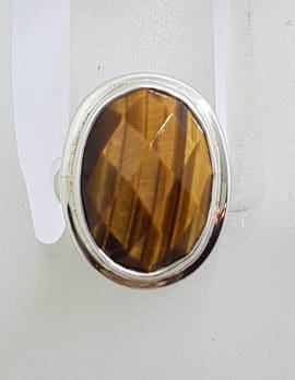 Sterling Silver Large Oval Faceted Tiger Eye Ring with Rim