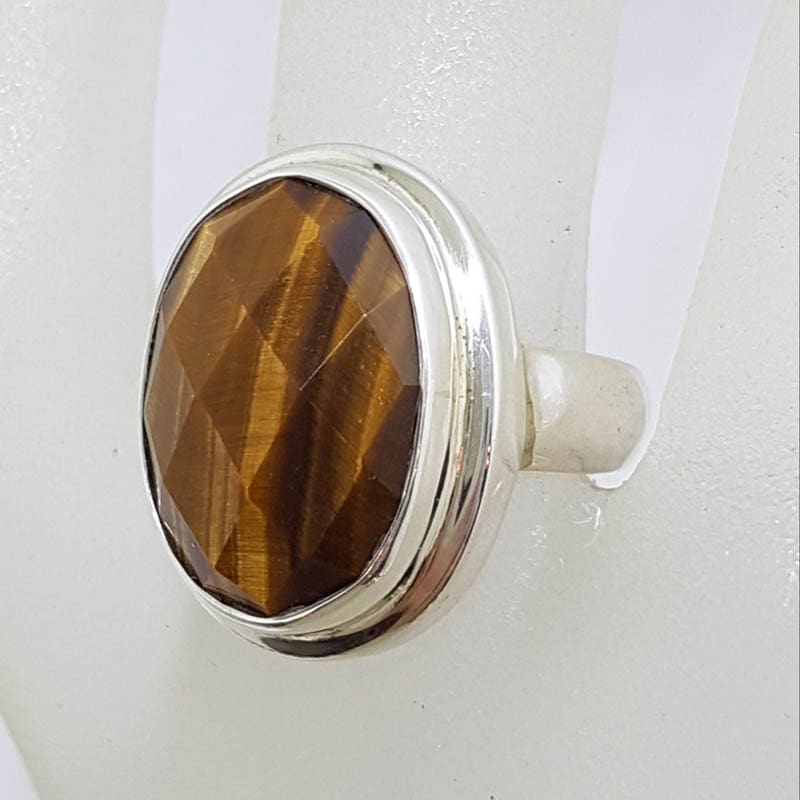 20210729_205745 Sterling Silver Large Oval Faceted Tiger Eye Ring with Rim
