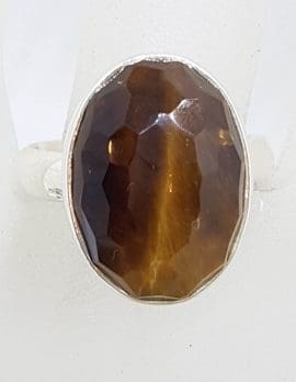 Sterling Silver Large Oval Faceted Tiger Eye Ring
