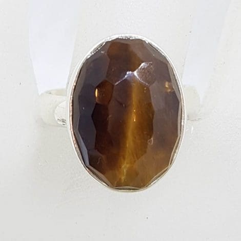 Sterling Silver Large Oval Faceted Tiger Eye Ring