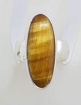 Sterling Silver Large Elongated Oval Tiger Eye Ring - Wide Band