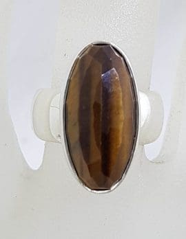 Sterling Silver Large Oval Faceted Tiger Eye Ring - Wide Band