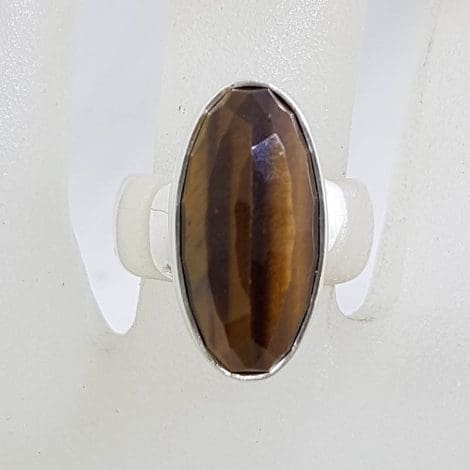 Sterling Silver Large Oval Faceted Tiger Eye Ring - Wide Band