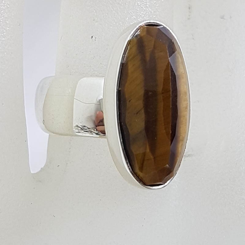 20210729_211214 Sterling Silver Large Oval Faceted Tiger Eye Ring - Wide Band