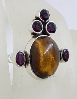 Sterling Silver Large Oval Tiger Eye with Garnet Ornate / Unusual Ring