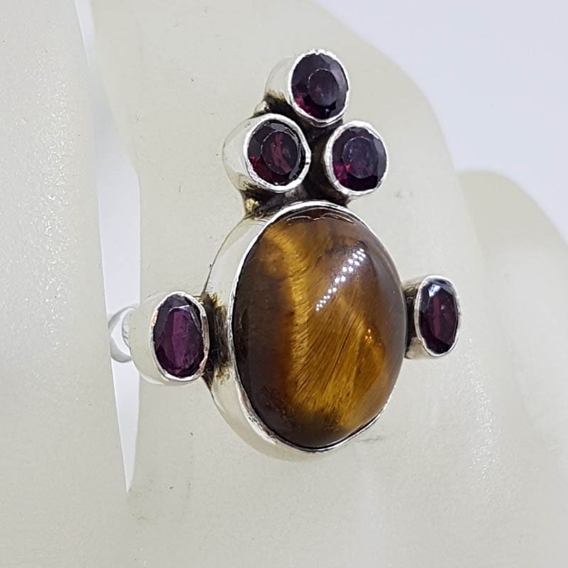 Sterling Silver Large Oval Tiger Eye with Garnet Ornate / Unusual Ring