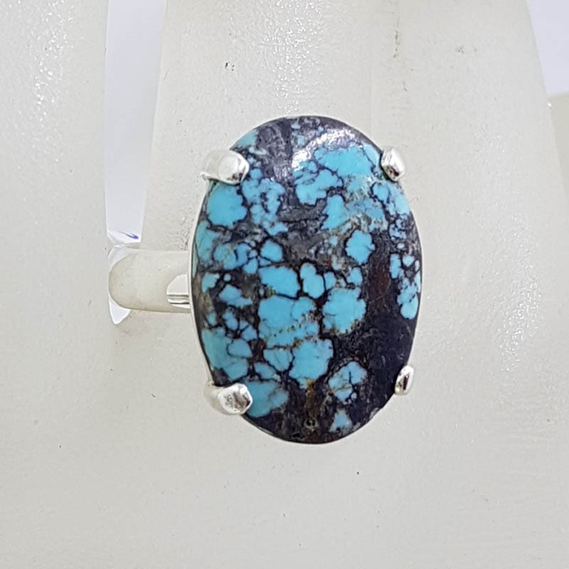 Sterling Silver Large Oval Natural Turquoise Claw Set Ring