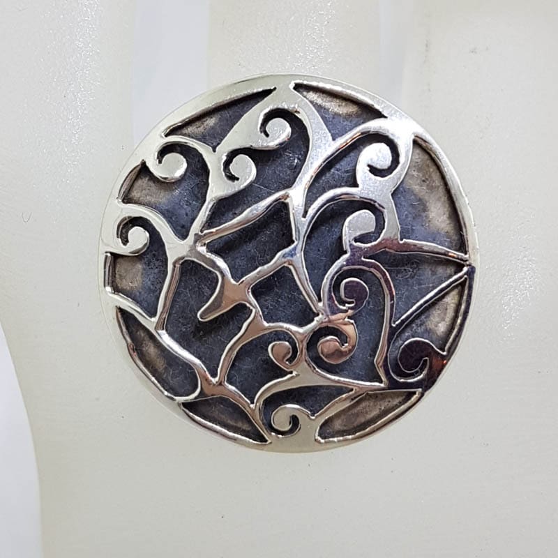 Sterling Silver Large Round Patterned and Oxidised Ring