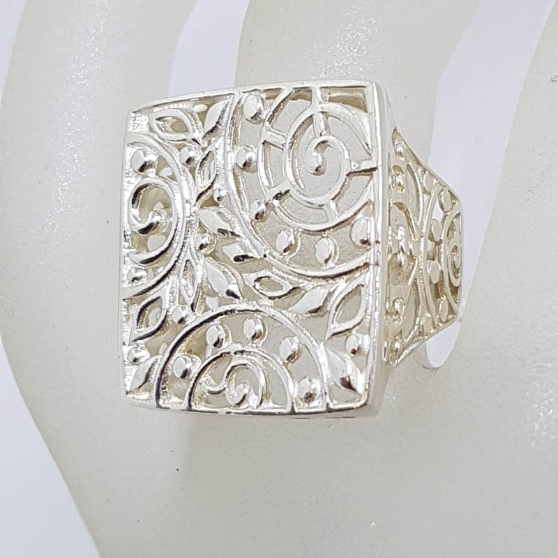 Sterling Silver Large Ornate Filigree Square Shape Ring