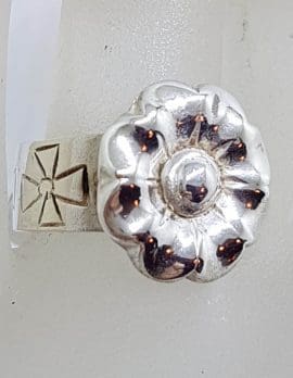 Sterling Silver Heavy Ornate Flower on Band with Cross Design Ring