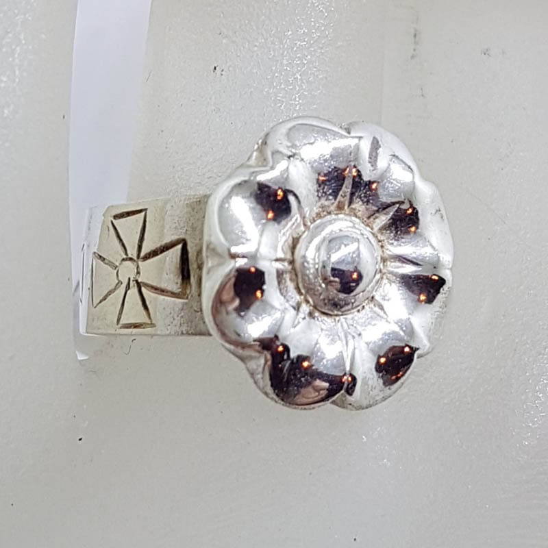 Sterling Silver Heavy Ornate Flower on Band with Cross Design Ring