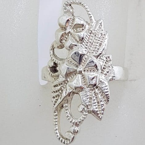 Sterling Silver Ornate and Long Floral Design Ring - Large - Vintage