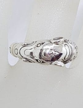 Sterling Silver Solid and Heavy Elephant Head with Trunk Around Finger Ring