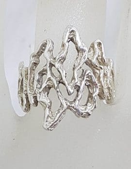 Sterling Silver Wide Unusual Open Design Ring - Vintage