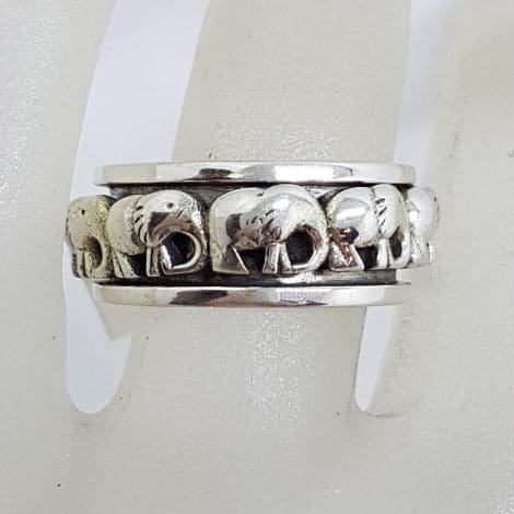 Sterling Silver All Around Lucky Elephant Spinner Wide Band Ring