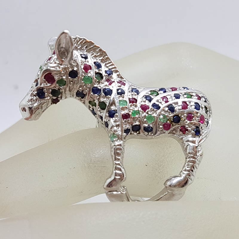 Sterling Silver Large and Unusual Ruby, Sapphire and Emerald Donkey / Horse Ring