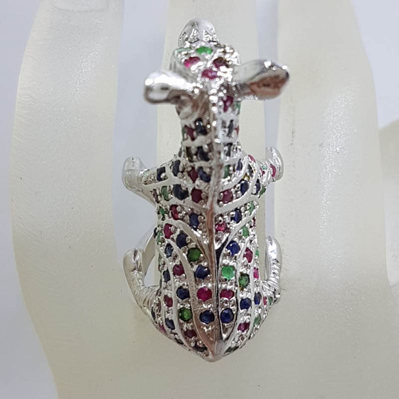 20210730_221411 Sterling Silver Large and Unusual Ruby, Sapphire and Emerald Donkey / Horse Ring