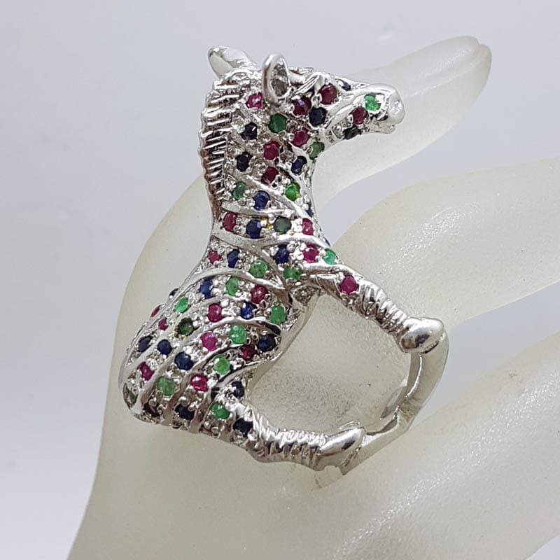 20210730_221424 Sterling Silver Large and Unusual Ruby, Sapphire and Emerald Donkey / Horse Ring