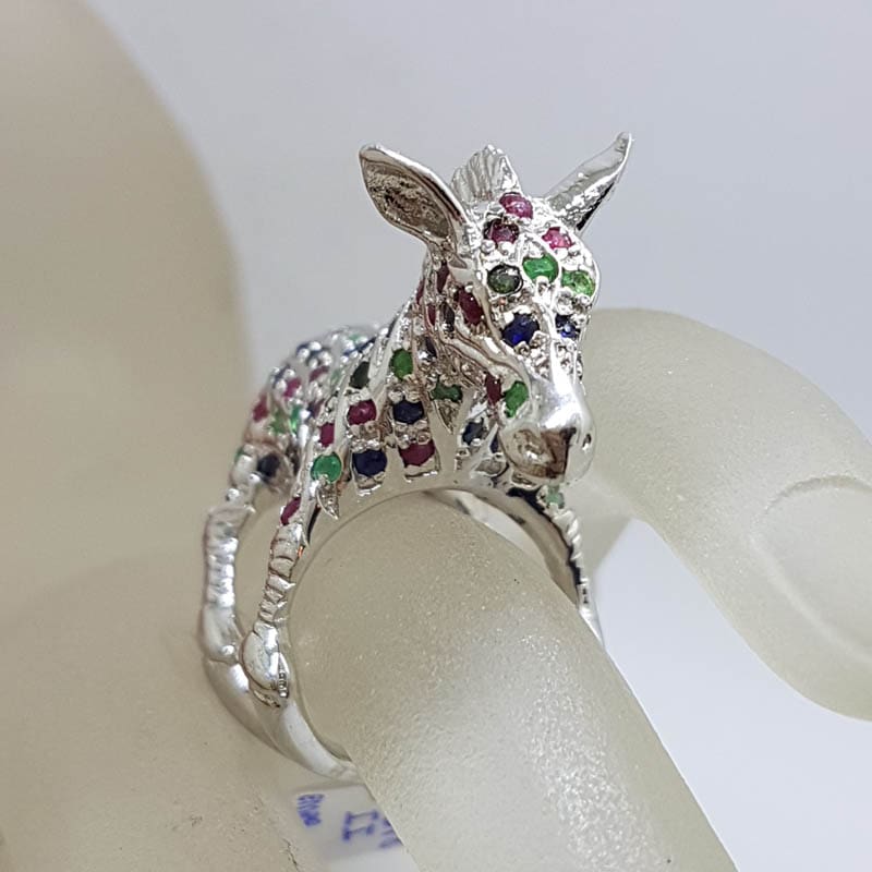 20210730_221438 Sterling Silver Large and Unusual Ruby, Sapphire and Emerald Donkey / Horse Ring
