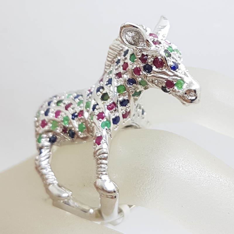 20210730_221505 Sterling Silver Large and Unusual Ruby, Sapphire and Emerald Donkey / Horse Ring
