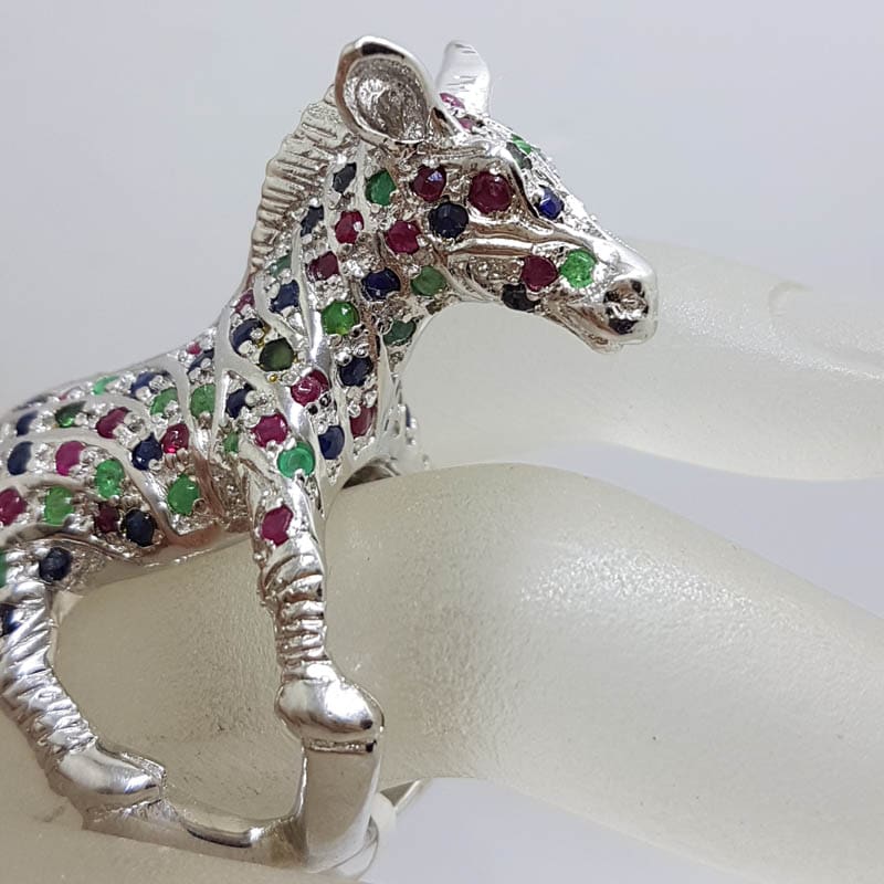 20210730_221522 Sterling Silver Large and Unusual Ruby, Sapphire and Emerald Donkey / Horse Ring