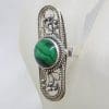 Sterling Silver Round Malachite in Elongated Long Oval Ornate Filigree Ring