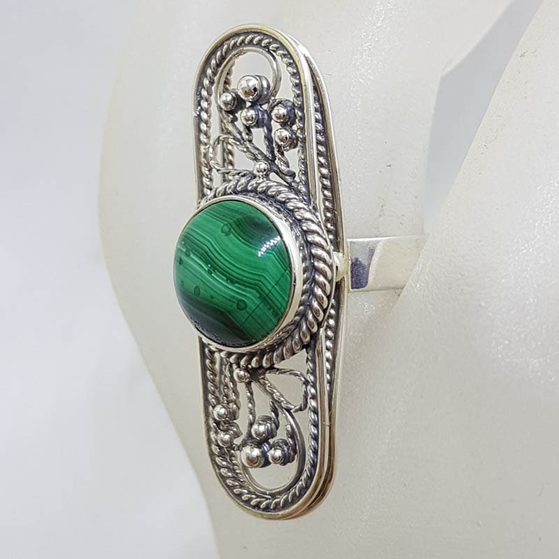 20210730_221555 Sterling Silver Round Malachite in Elongated Long Oval Ornate Filigree Ring