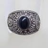 Sterling Silver Oval Onyx Wide Ornate University Ring - Gents Ring